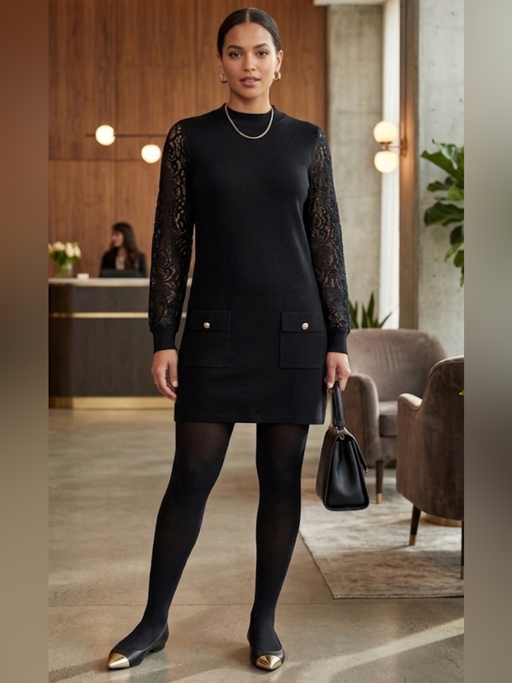 INC International Concepts Black Knit Lace Sleeve Shift Dress - Size M